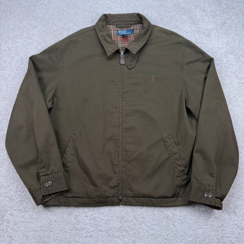 Vintage Polo Ralph Lauren Mens L Harrington Jacket Olive Plaid Lined Full Zip